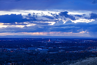 Cityscape under overcast sky at sunset, Boise, Idaho, USA