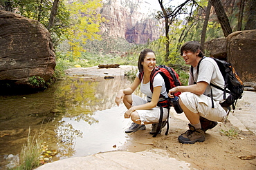 Backpacking couple in Zion National Park Utah USA