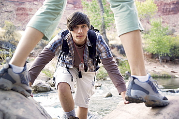 Couple hiking in Zion National Park Utah USA