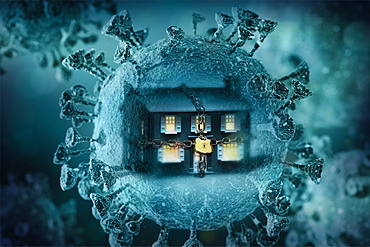 Digitally generated image of chained up house inside Coronavirus