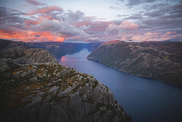 Preikestolen cliff by Lysefjord at sunset in Rogaland, Norway