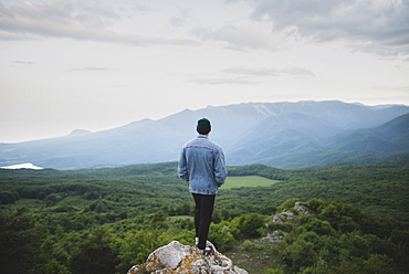 Man standing on cliff by mountain and forest