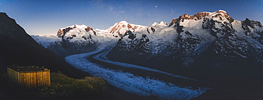 Shed by Gorner Glacier at sunset in Valais, Switzerland