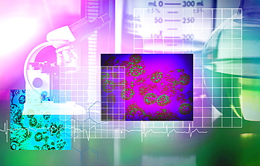 Digital composite of microscope, beaker, bacteria and electrocardiogram