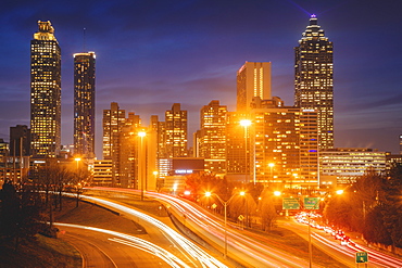 USA, Georgia, AtlantaTraffic light trails in city at night