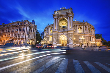 Ukraine, Odessa Oblast, Theater building illuminated at dusk