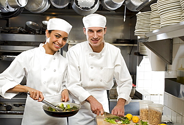 Male and female chefs in restaurant kitchen