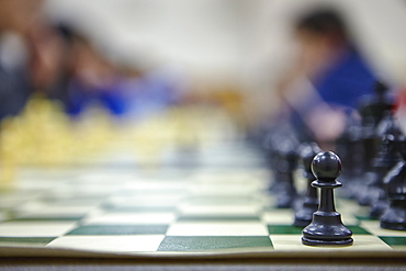 Close up of chess board with chess pawns