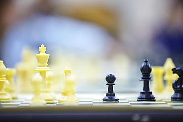 Close up of chess board with chess pawns