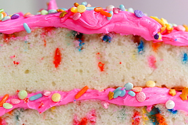 Colorful sprinkles on pink cake frosting