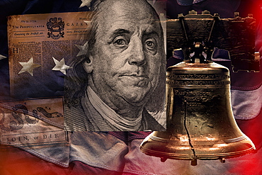 Benjamin Franklin, bell and newspaper against American flag