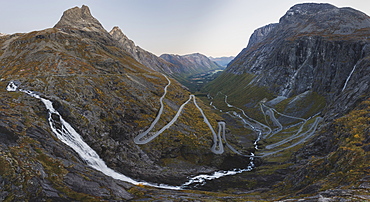 Norway, Andalsnes, Trollstigen, Panoramic view of Trollstigen in Norway at dawn