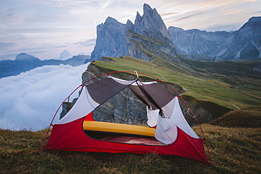 Italy, Dolomite Alps, Seceda mountain, Tent at Seceda mountain in Dolomites