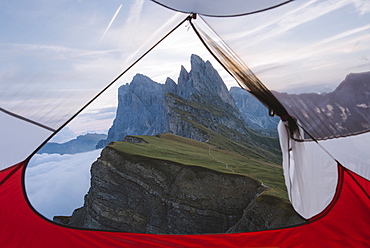Italy, Dolomite Alps, Seceda mountain, View from tent on Seceda mountain in Dolomites