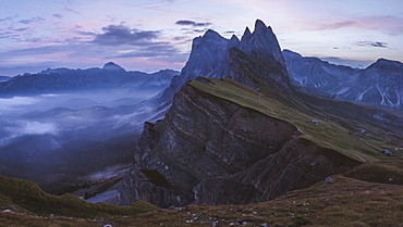 Italy, Dolomite Alps, Seceda mountain, Scenic view of Seceda mountain in Dolomites at sunset