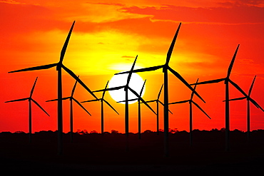 USA, California, Altamira Pass, Wind turbines at sunset