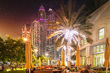 United Arab Emirates, Dubai, Illuminated skyscrapers at night