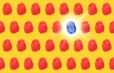 One blue fingerprint between red fingerprints on yellow background