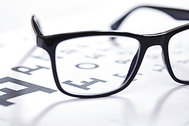 Close up of eyeglasses on eye chart