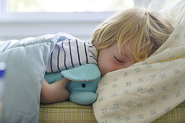 Boy (4-5) sleeping in bed