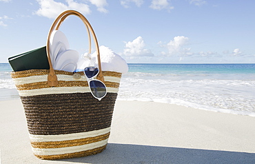 USA, USA Virgin Islands, St. John, Vacation bag on beach