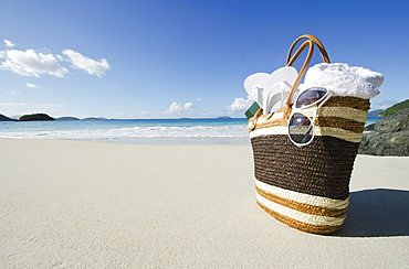 USA, USA Virgin Islands, St. John, Vacation bag on beach