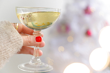 Hand holding champagne glass next to Christmas tree