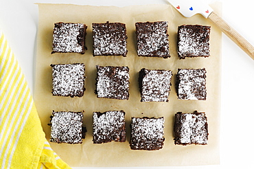 Overhead view of freshly baked brownies