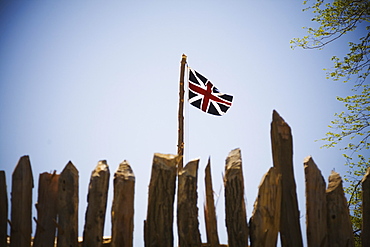 The British flag flying over James Fort in Historic Jamestown, Virginia, USA