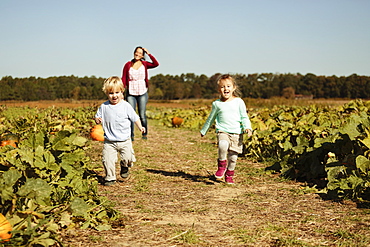 Mother with two children in pumpkin field