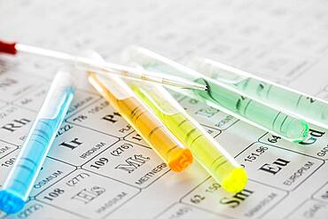 Test tubes with liquids and pipette on periodic table