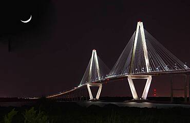 USA, South Carolina, Mount Pleasant, Arthur Ravenel Jr Bridge illuminated at night