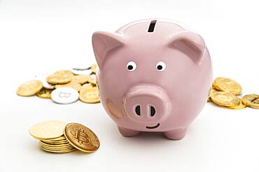 Smiling Studio shot of pink piggy bank and bitcoins