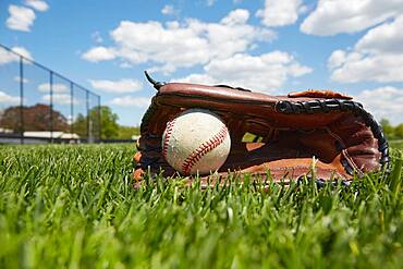 Baseball glove and ball on grass