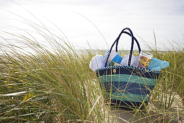 Beach bag packed for day at beach