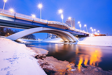 Poland, Subcarpathia, Rzeszow, Illuminated bridge in winter