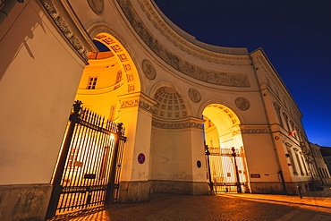 Poland, Masovia, Warsaw, Illuminated historical buildings at night