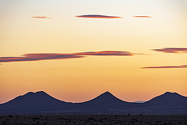 Usa, New Mexico, Santa Fe, El Dorado, Sunset sky over landscape with hills