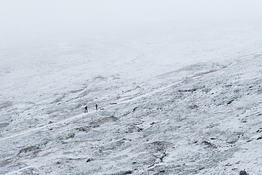 Australia, New South Wales, Snowy mountain landscape at Charlotte Pass in Kosciuszko National Park with incidental people on trail