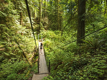 Rear view of young woman jogging in forest, USA, Oregon, Portland