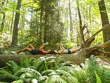 Young women reading book on log in forest, USA, Oregon, Portland