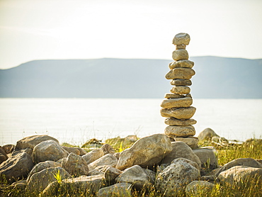 Stack of stones by lake, USA, Utah, Bear Lake