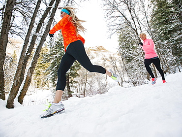 Two women jogging in winter forest, Salt Lake City, Utah USA