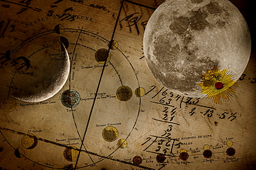 Ancient map showing phases of Moon with photos of Moon superimposed