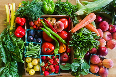 Overhead view of assorted vegetables and fruit from farmers market