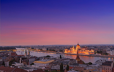 Hungary, Budapest, Cityscape with Hungarian Parliament at sunset