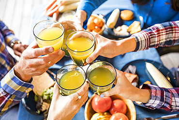 Family with children (10-11, 12-13, 16-17) raising toast with orange juice