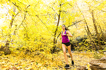Woman jogging in Autumn forest