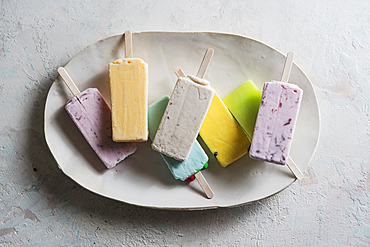 Overhead view of colorful popsicles