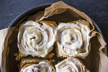 Close-up of freshly baked cinnamon buns